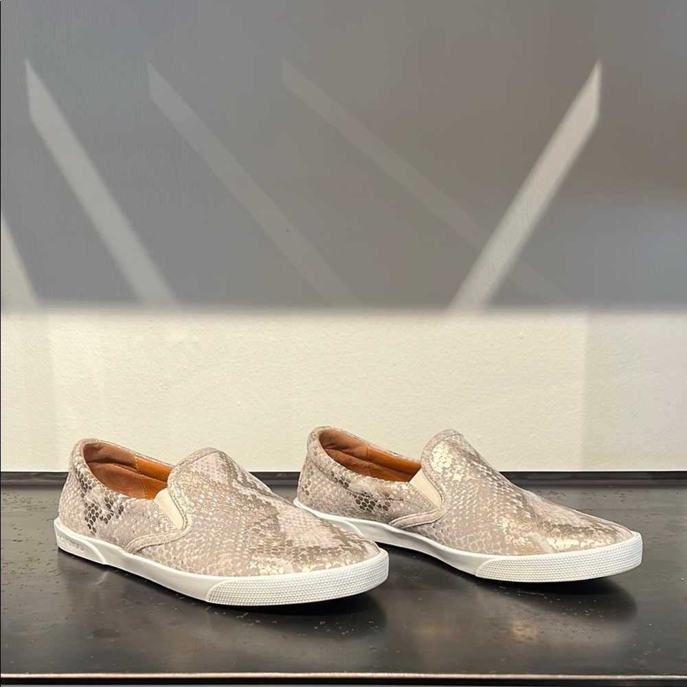 Jimmy Choo Soft Grey and Metallic Champagne Gold Snake Print Slip Ons